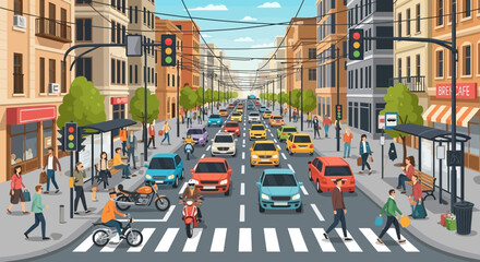Fototapeta premium Busy City Street with Traffic, Pedestrians, and Buildings