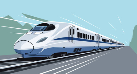 Modern high-speed train traveling on tracks through a scenic landscape. © Reisna