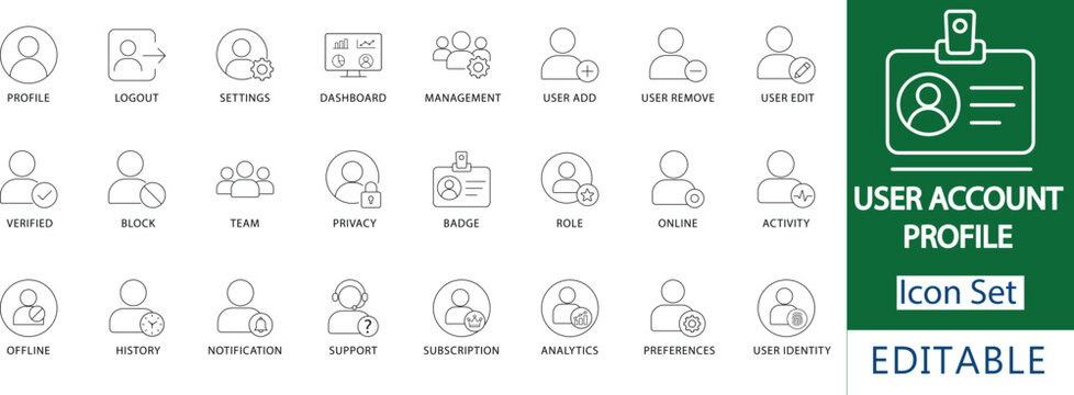 user account and profile management icon set: professional saas ui interface, identity verification, user settings and preferences, team management, and secure account access line icons