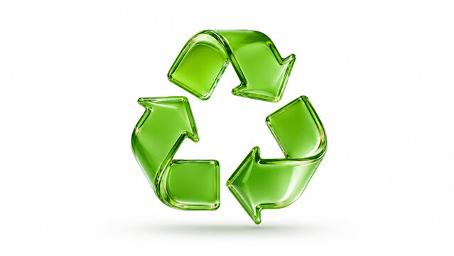 A clear 3D render of the universal recycling symbol in glossy green, representing environmental conservation and sustainability