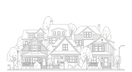 Obraz premium Sketch of charming suburban houses with trees and foliage.