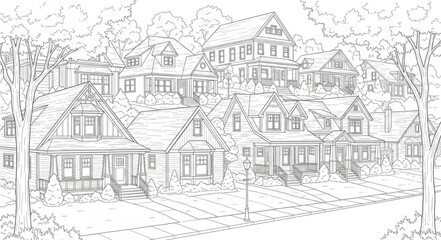 Naklejka premium Sketch of suburban houses with trees and gardens.