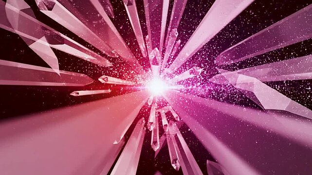 Bright shining pink crystal shards bursting outward from bright light source abstract background motion.