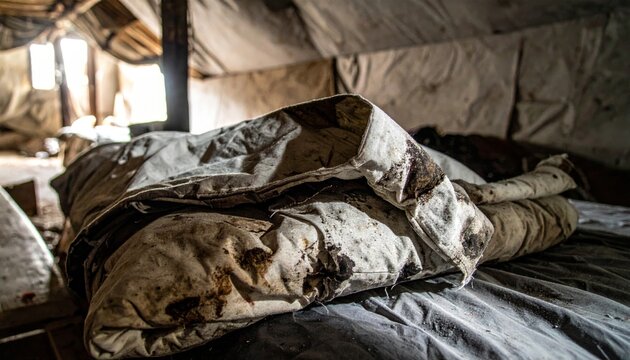 Tattered blanket on a makeshift bed