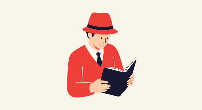 Man in Red Hat and Jacket Reads Open Book, Focused Concentration