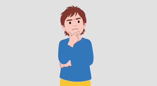 Young Boy Thinking Hard, Hand on Chin, Pondering Question, Doubt