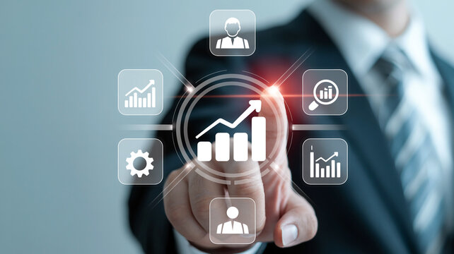 Hand interacting with a digital interface showing glowing growth charts and analytics, symbolizing data-driven business strategy and performance optimization