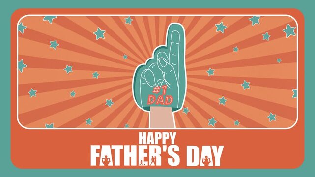 Sports-themed Father&rsquo;s Day 4K animation. A 4K video shows a foam finger with "#1 DAD" against a sunburst background with stars, celebrating with bold holiday text and athlete silhouettes.