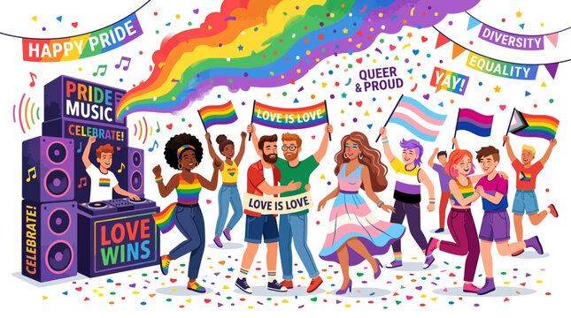 People celebrating Pride festival with rainbow flags and music