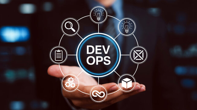 DevOps concept with icons representing different stages of the software development lifecycle, symbolizing continuous integration and delivery in a business context
