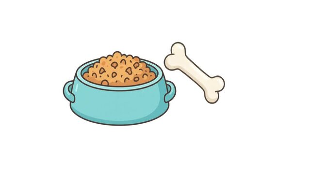 A cartoon illustration of a light blue pet food bowl filled with kibble next to a white bone.