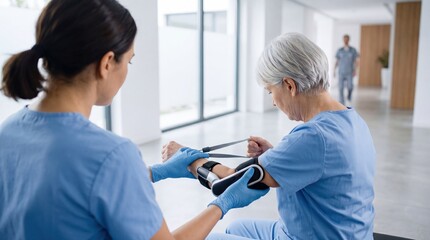 Obraz premium Female nurse checking blood pressure on senior patient in hospital medical checkup health care professional wearing latex gloves treating elderly woman at wellness center