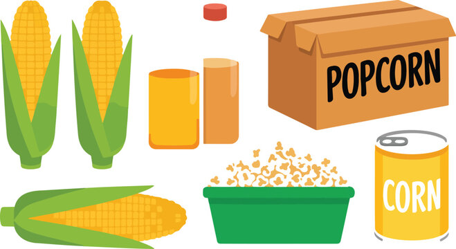 Fresh corn and popcorn vector illustration set featuring organic corn cobs oil bottles a snack bowl and cardboard box for cinema snacks healthy eating and agricultural grocery market themes.