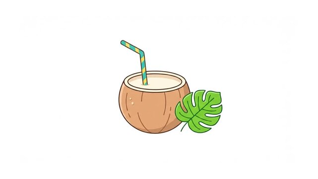 Cartoon illustration of a refreshing coconut drink with a straw and a tropical monstera leaf, perfect for summer refreshment.
