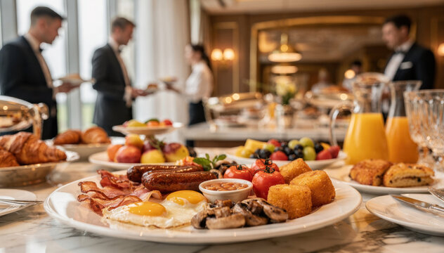 Full English breakfast served on a plate at a luxury hotel buffet event