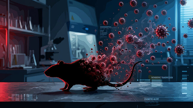Laboratory rat with floating virus particles illustrating hantavirus transmission, hantavirus and dangerous infectious disease concept