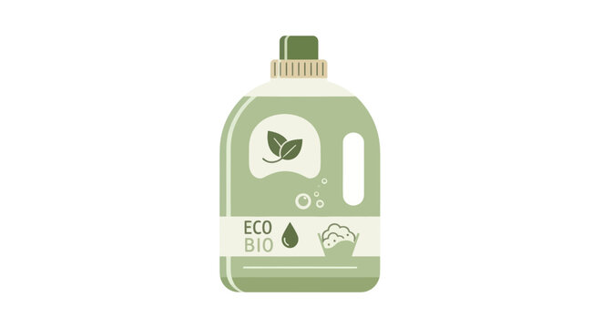 Eco Bio Laundry Detergent Bottle with Leaf Icon and Bubbles, Green Cleaning Product