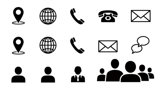 Set of black vector icons depicting location, globe, phone, envelope, and people in a simple, modern style.