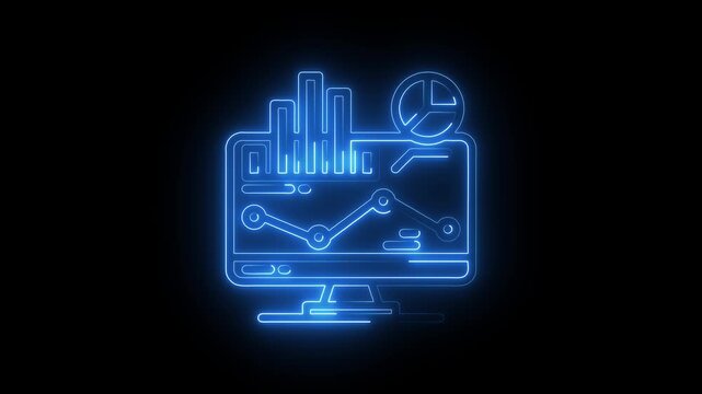 Neon Lit Computer Monitor Displaying Graphs and Charts on Black Background Business Data Analysis Concept