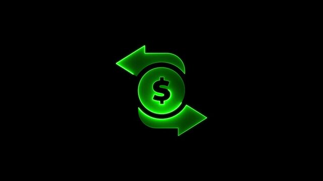 Green neon dollar sign with rotating arrows on black background symbolizing financial growth and investment