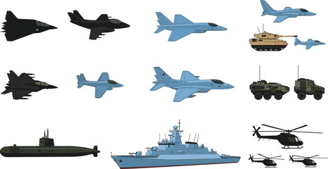Military Naval Air and Ground Force Vehicle Collection Jet Warship Submarine Tank Helicopter Vector © MdAsikul