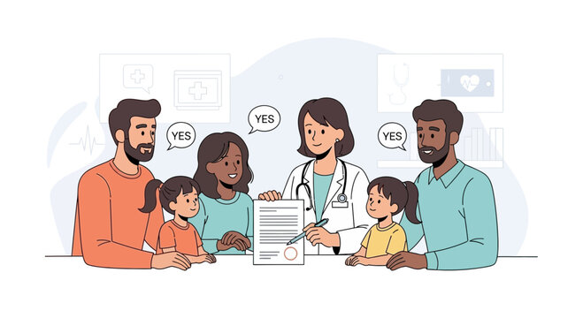 Diverse Family With Doctor Signing Medical Agreement, Healthcare Concept