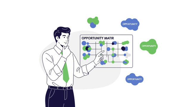 Businessman analyzing opportunity matrix chart with data points
