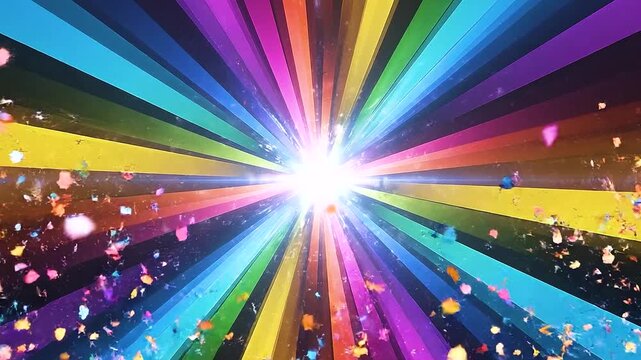 Explosive rainbow confetti animation with vibrant spectrum light rays and dynamic motion background in high resolution.