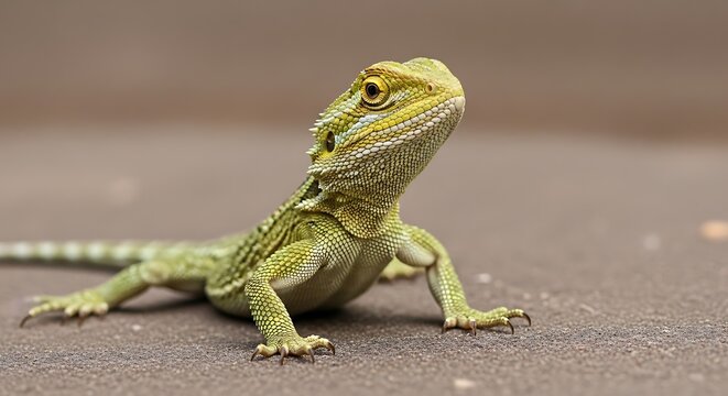 Green lizard on brown surface looking.