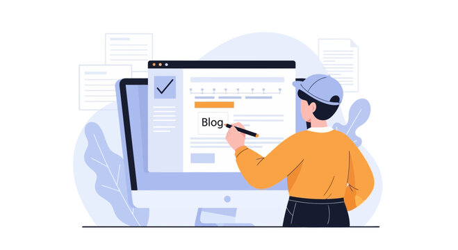 Content creator writing blog post on computer screen, digital marketing concept
