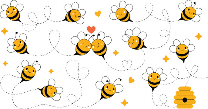 Cute bumblebee seamless vector pattern featuring smiling cartoon insects, dotted flight trails and heart shapes in whimsical illustration style