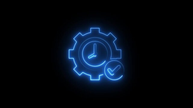 Glowing Blue Gear Clock and Checkmark Animation Technology Concept clock checkmark symbol neon light