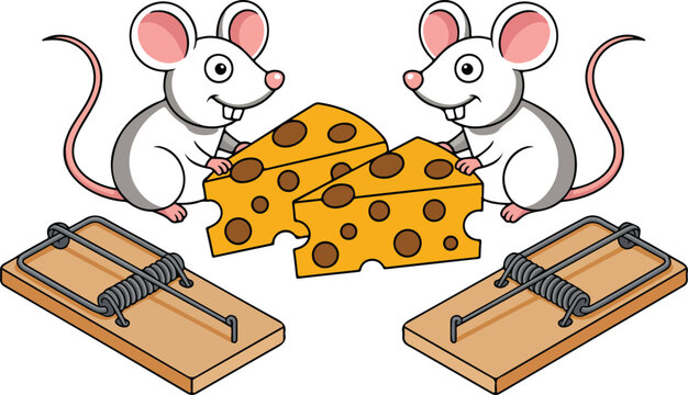 Cute mouse and cheese vector set featuring cartoon rodents, Swiss cheese slices and wooden traps in playful illustration style