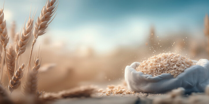 Overfilled sack of milled cereal grains creating rustic kitchen and baking atmosphere