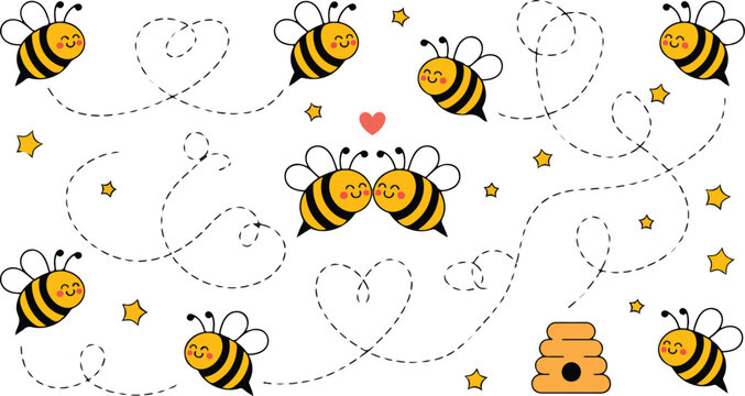 Cute bumblebee seamless vector pattern featuring smiling cartoon insects, dotted flight trails and heart shapes in whimsical illustration style