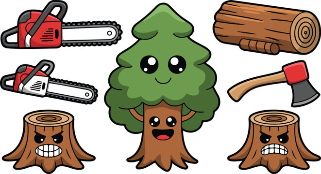 Cute forestry vector set featuring cartoon tree characters smiling stumps chainsaws axe and wood logs isolated on white background.