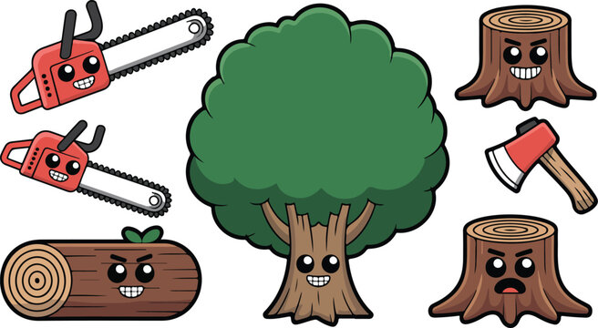 Cute forestry vector set featuring cartoon tree characters smiling stumps chainsaws axe and wood logs isolated on white background.