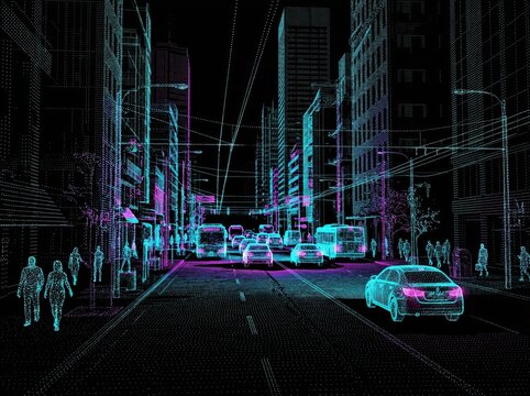 Futuristic LiDAR point cloud data visualization of a city street