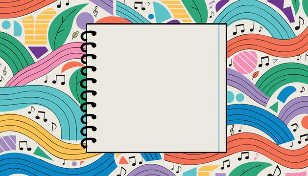 Blank spiral notebook on colorful sheet music background with wavy lines and musical notes for creative writing or drawing