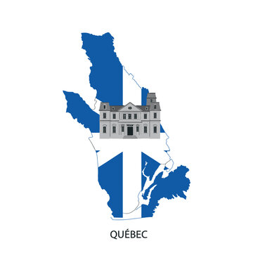 Quebec map with provincial flag and parliament building landmark