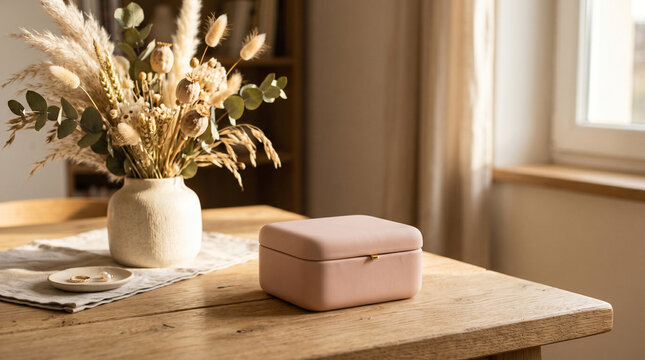 A small jewelry box on table with a vase in sunlight