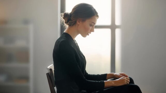 A woman in black sitting quietly by a large window lost in deep thoughtful reflection indoors