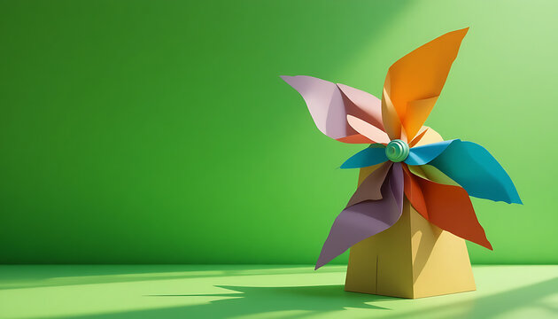 Colorful paper windmill on a green background, with shadows origami