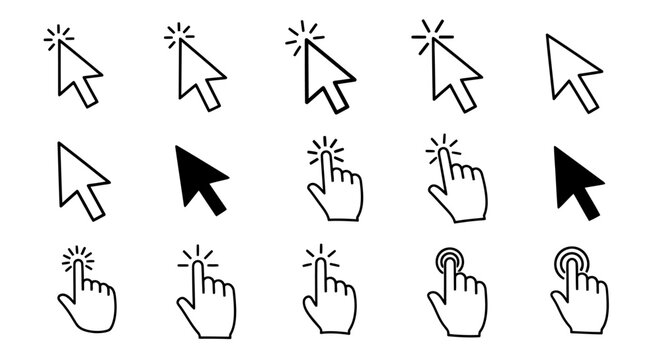 Collection of computer cursor icons and hand pointers set for user interface design.