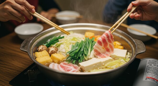 A warm and comforting nabe (hot pot) with vegetables, tofu, and thinly sliced meat, cooking at the table.