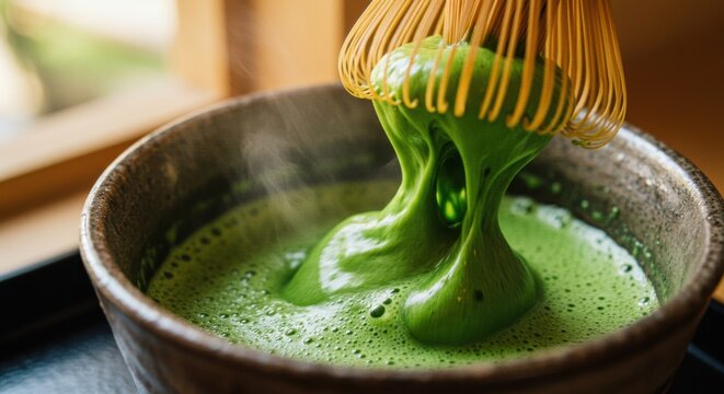 Fresh matcha being whisked in a chawan, creating a vibrant green foam.