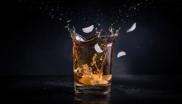 High speed photography of an amber whiskey or ginger ale drink in a glass with fresh ginger slices and ice cubes splashing out against a black studio background.