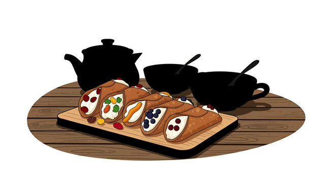 Italian Cannoli Pastries with Tea Service on Wooden Table