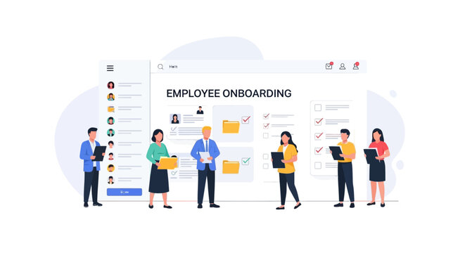 A team of diverse business professionals engaging in employee onboarding and corporate recruitment processes.