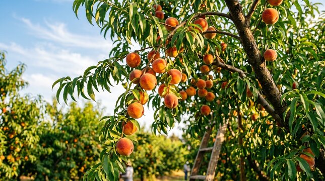 Ripe peaches hanging on tree branches in sunny orchard, organic fruit harvest in summer garden, fresh peach trees under blue sky